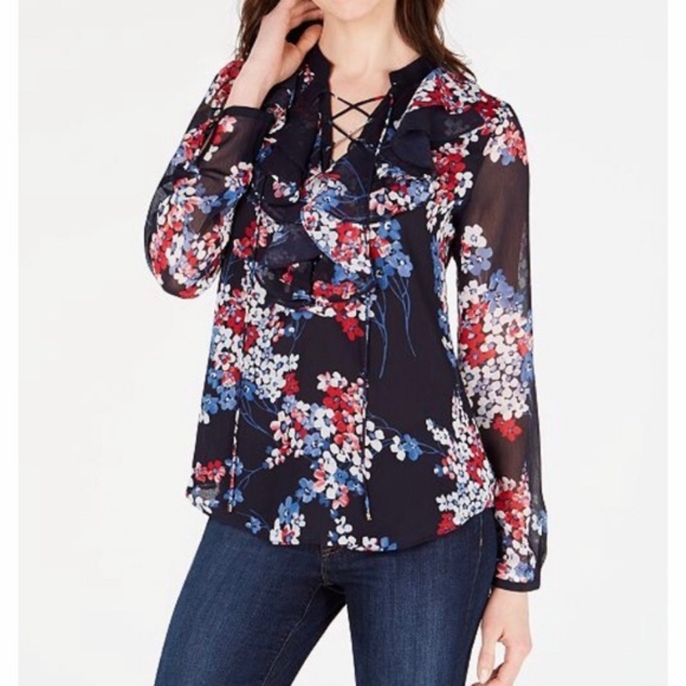 Tommy Hilfiger Sky Captain Floral Long Sleeve Corset V-Neck Ruffle Front Blouse